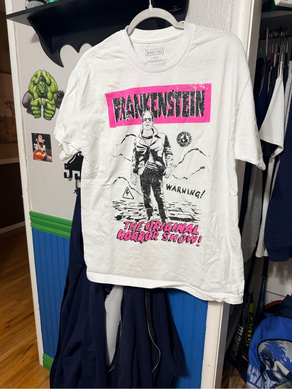 Frankenstein Graphic Short Sleeve Tee - White with Pink & Black Print
